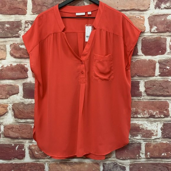 New York & Company Tops - NEW YORK & COMPANY WOMEN'S CORAL RED POCKETED PULLOVER SHORT SLEEVE BLOUSE